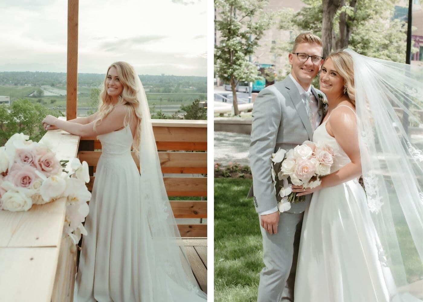 Сouple wearing a white gown and a gray suit
