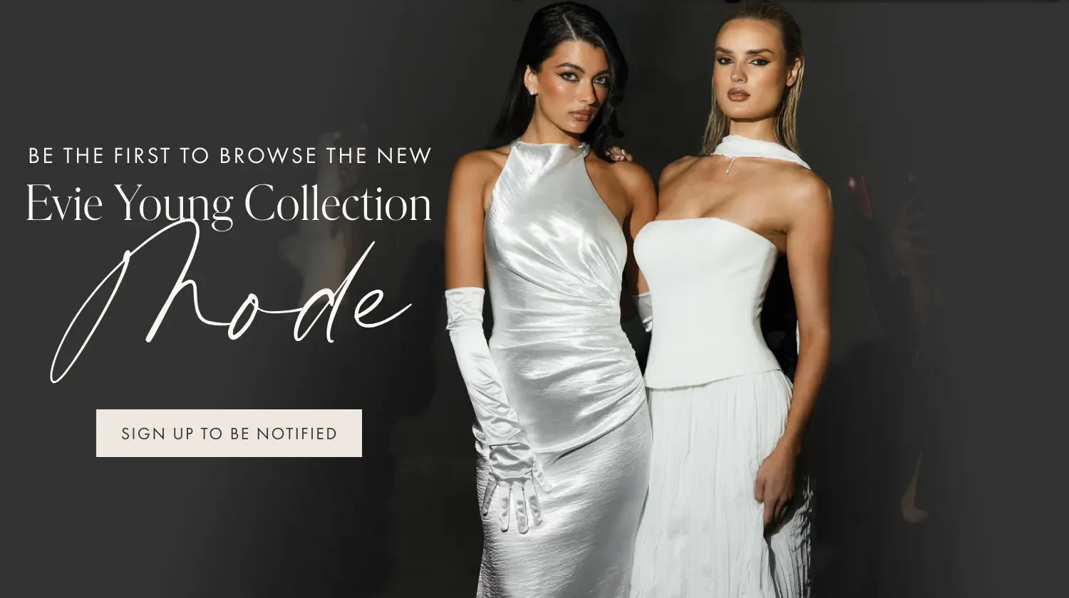 Models wearing Evie Young gowns, mobile banner