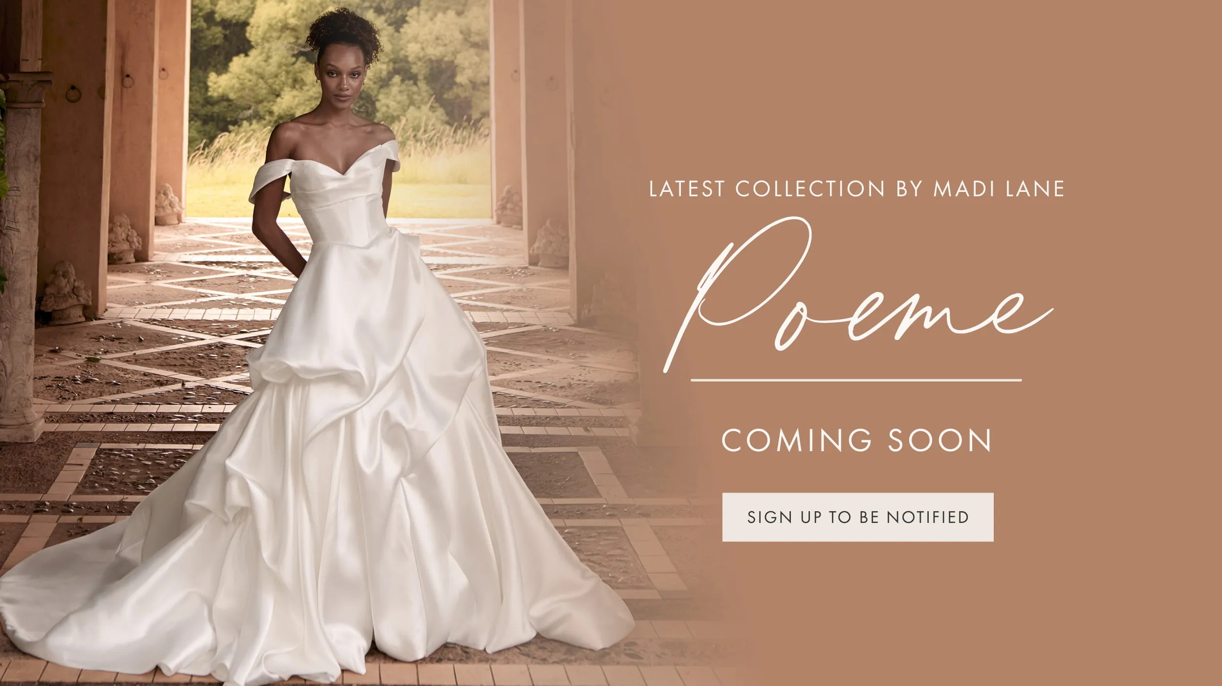 Model wearing Madi Lane gown, Poeme coming soon desktop banner