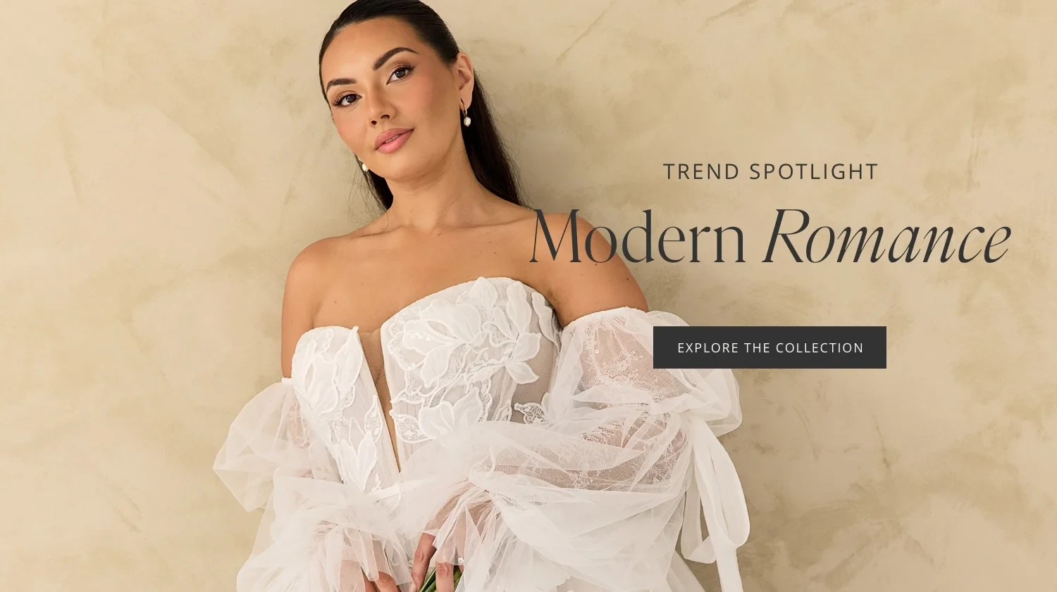 Model wearing bridal gown, modern romance mobile banner